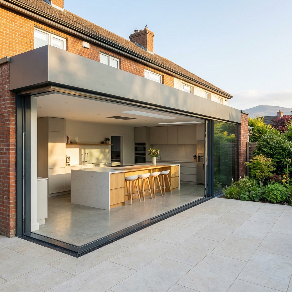 Large open-plan modern rear kitchen extension in Blackrock, Co. Dublin with floor-to-ceiling glass