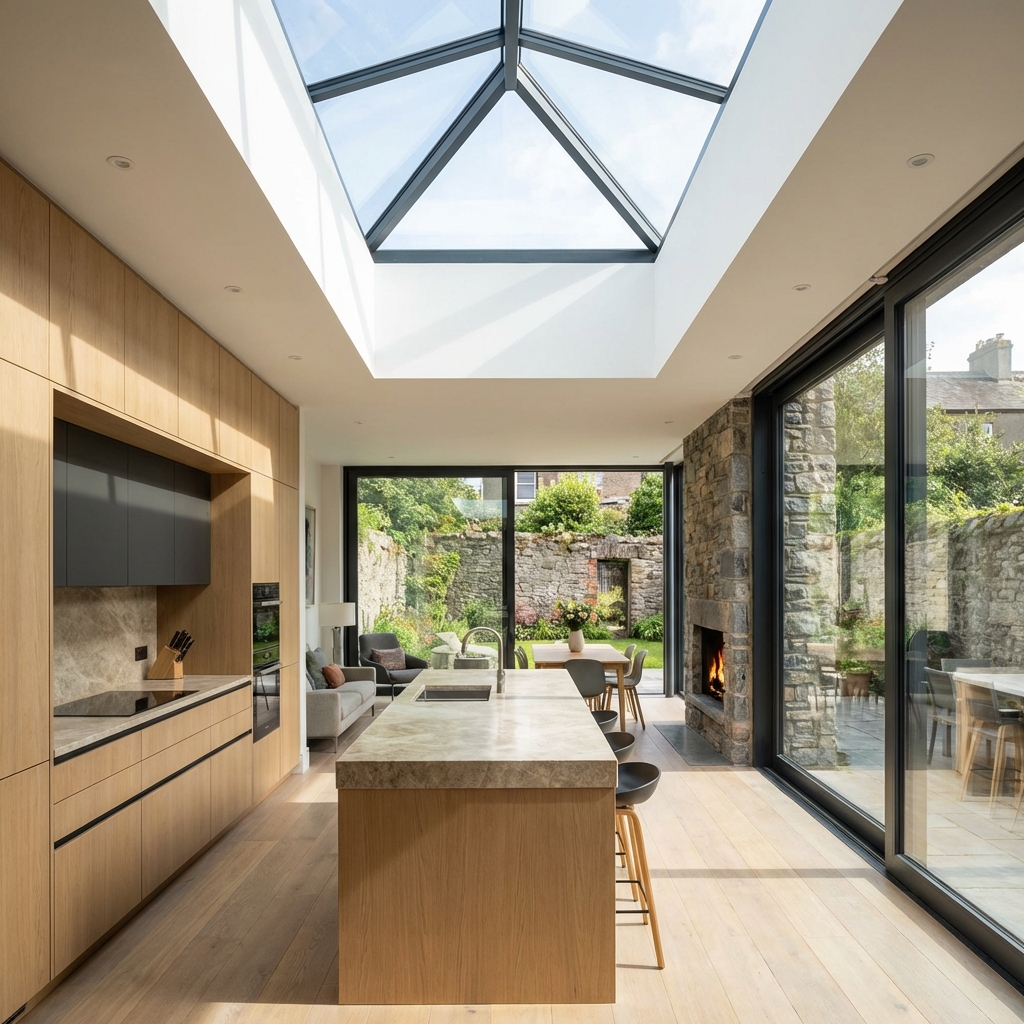 Bright, open-plan kitchen and living space created by a 40sqm house extension in Dublin