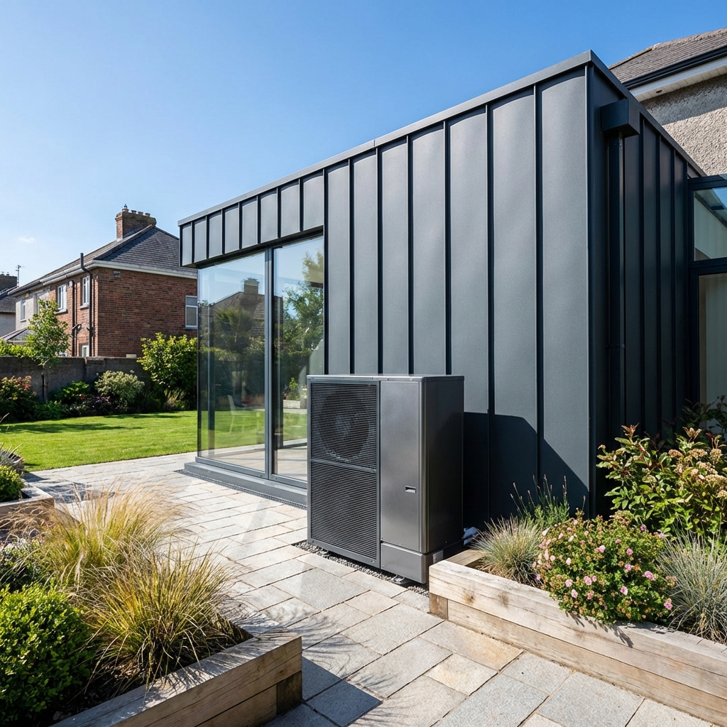 Modern air-to-water heat pump installed in a landscaped garden as part of an energy-efficient home renovation in Dublin