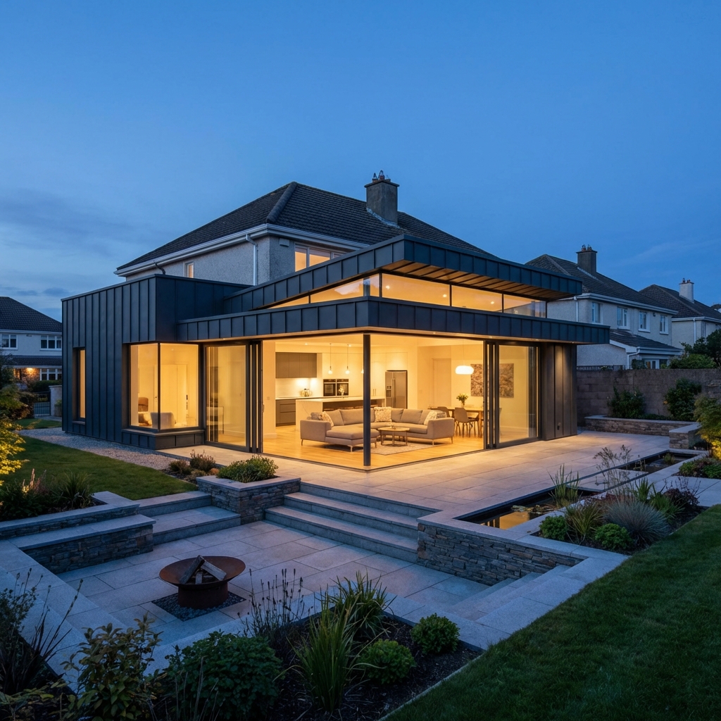 Bespoke luxury wraparound house extension in Naas, Co. Kildare featuring high-end architectural glazing